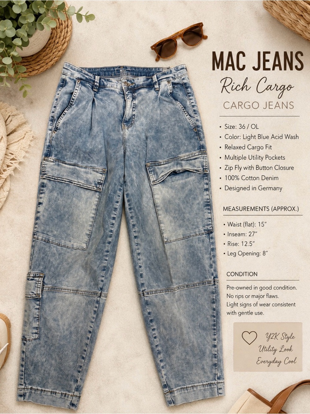 MAC Rich Cargo Jeans Womens 36 Blue Acid Wash Utility Cargo Pants 27” Inseam
